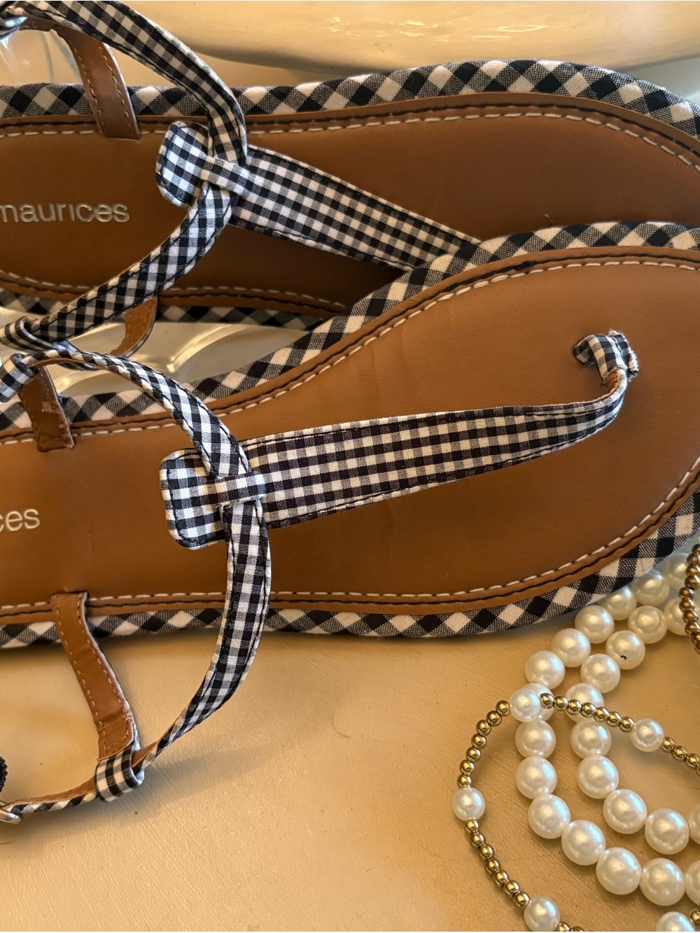Maurices Black and White Gingham T-Strap Sandals - Picture 4 of 5